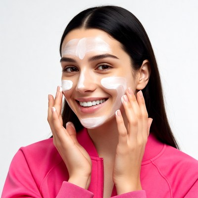 Woman applying white face mask