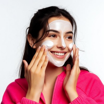 Woman applying white face mask