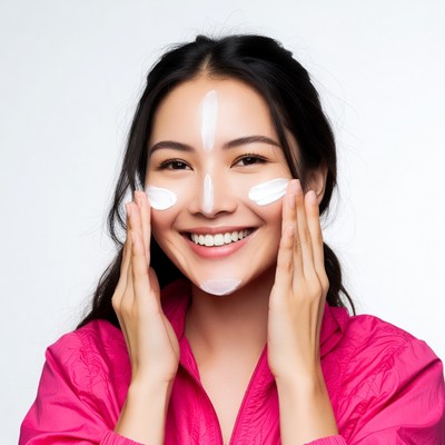 Asian woman applying white cream face