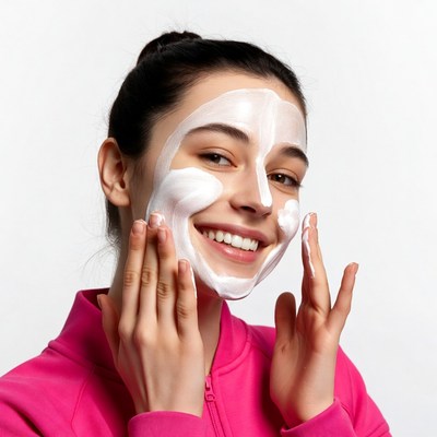 Woman smiling with white face mask