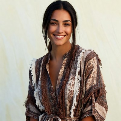 Smiling woman in fringed dress
