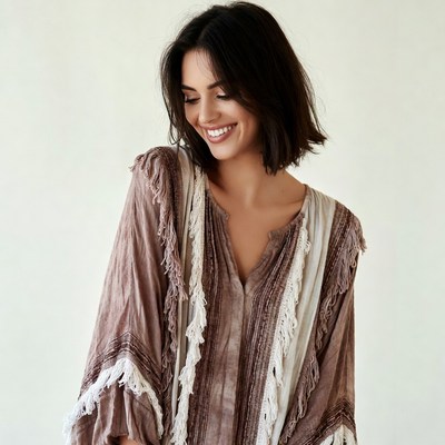 Smiling woman in fringed dress