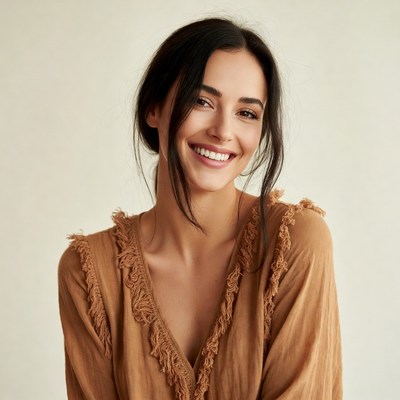 Smiling woman in fringed orange dress
