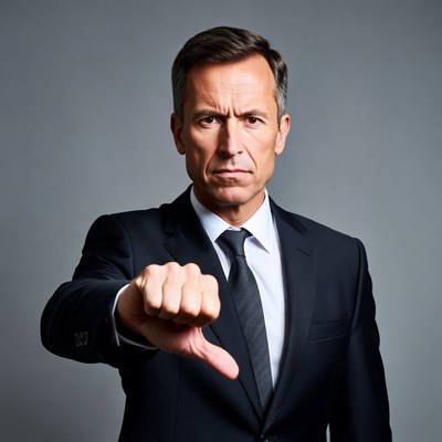 Man in suit giving thumbs down