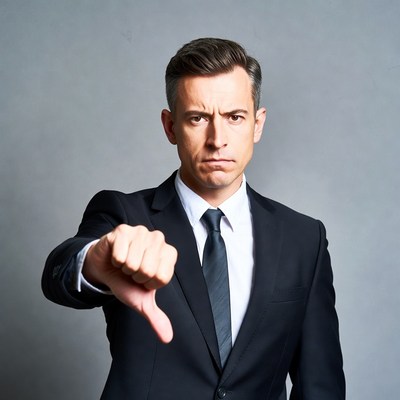 Man in suit giving thumbs down