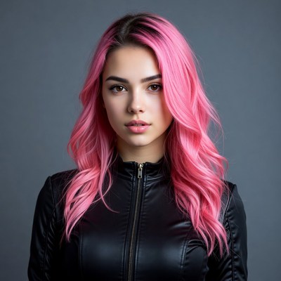 Woman with pink hair in leather jacket