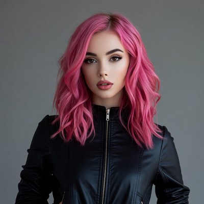 Woman with pink hair in leather jacket