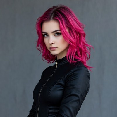 Woman with pink hair in leather jacket
