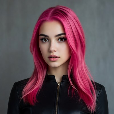 Woman with pink hair in black jacket