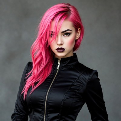Woman with pink hair in black jacket