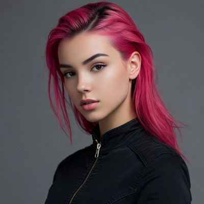 Woman with pink hair in black jacket