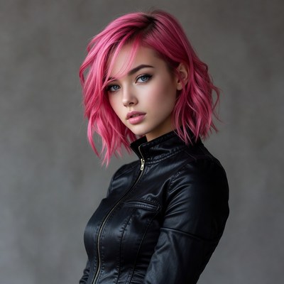 Woman with pink hair in leather jacket