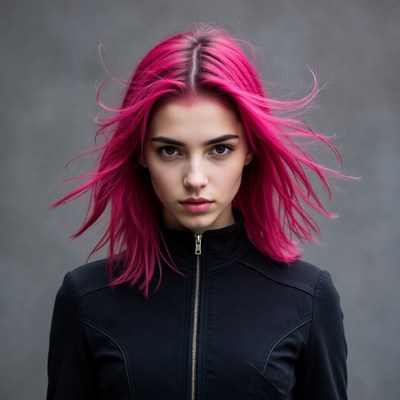 Woman with flowing pink hair