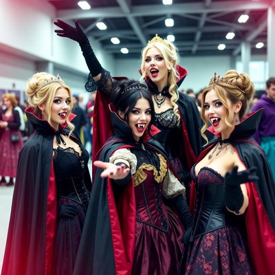 Four women in vampire costumes at convention