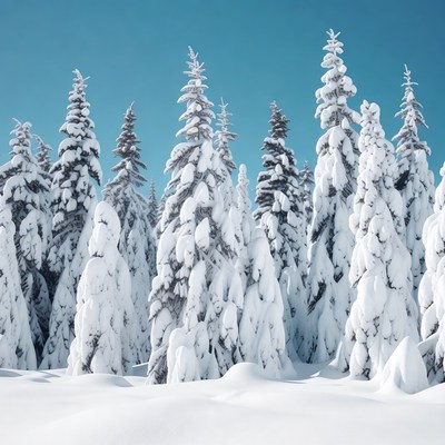 Snow-covered pine trees in snowy field
