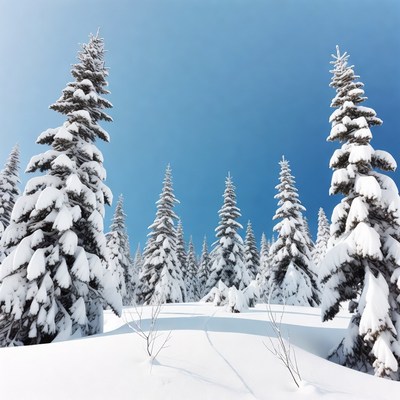 Snowy Pine Trees Against Blue Sky