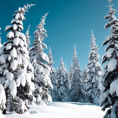 Snowy Pine Trees in Blue Sky