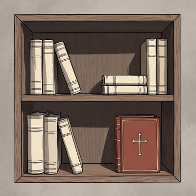 Bookshelf with red bible