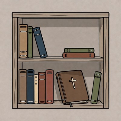 Bookshelf with Bible and cross