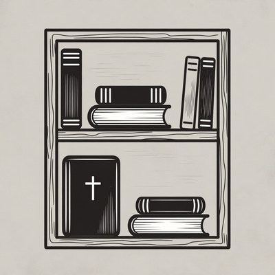 Bookshelf with Bible and Cross