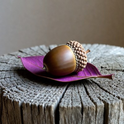 Acorn on Purple Leaf and Wood