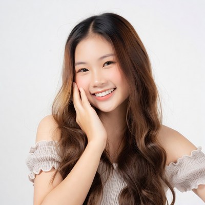 Asian girl smiling hand on cheek