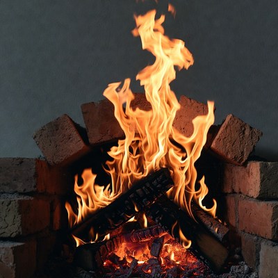 Blazing Fire in Brick Fireplace