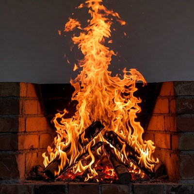 Blazing Fire in Brick Fireplace