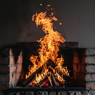 Burning Fire in Brick Fireplace