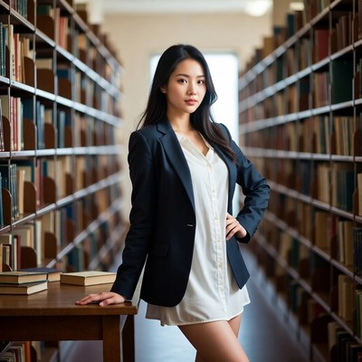 Asian woman in library with books