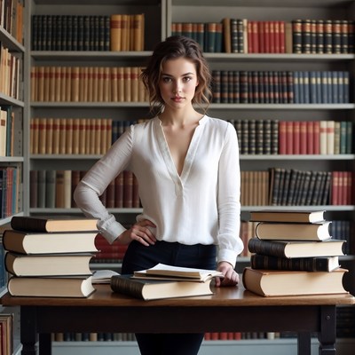 Woman standing at desk with books in library