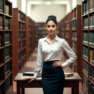Woman standing in library aisle