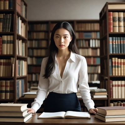 Asian woman reading books in library