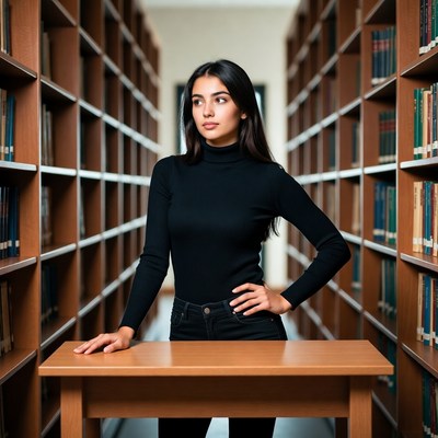 Woman standing at table in library