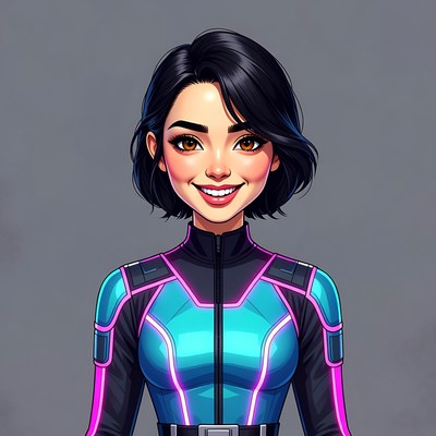 Asian woman in neon sci-fi suit