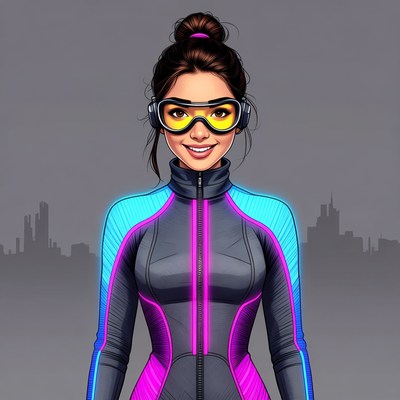 Woman in neon ski suit with goggles