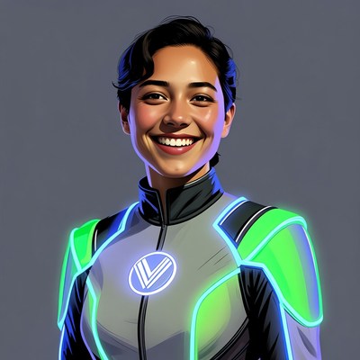 Smiling Asian woman in glowing futuristic jacket