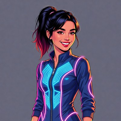 Asian woman in glowing blue jacket