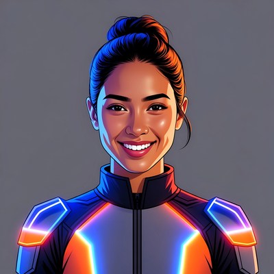Smiling Asian woman in futuristic suit