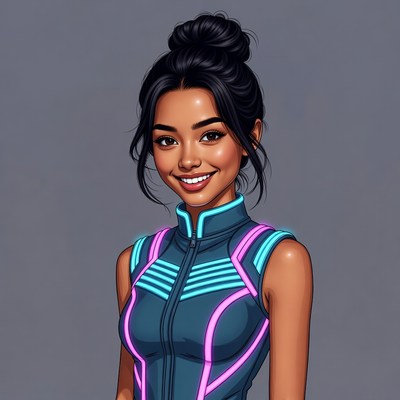 Asian woman in neon futuristic jacket