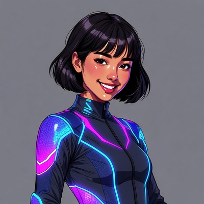 Asian woman in glowing futuristic suit