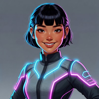 Asian woman in glowing futuristic jacket