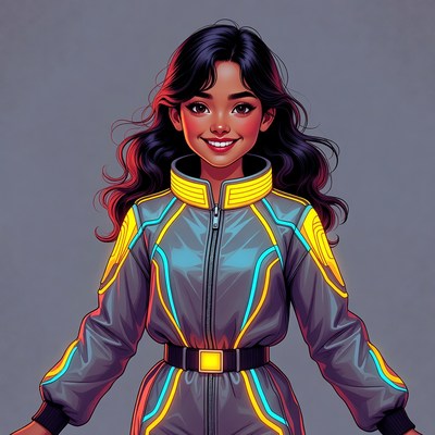 Smiling Asian woman in futuristic jumpsuit