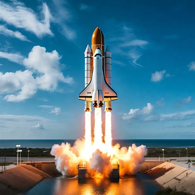 Space Shuttle Launching Over Ocean