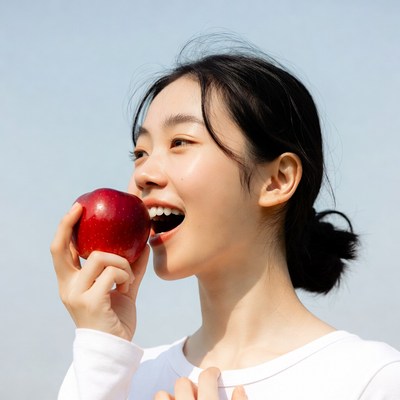 Asian woman biting red apple