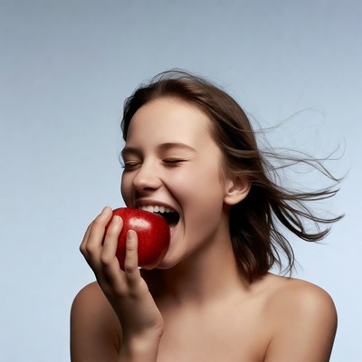 Young woman biting red apple