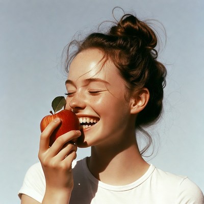 Young woman biting red apple