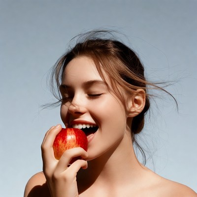 Woman biting red apple