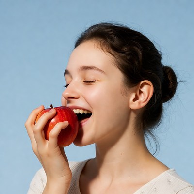 Girl biting red apple