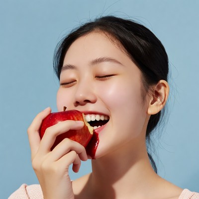 Asian woman biting red apple